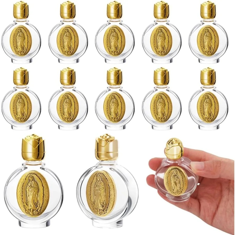 Water Bottle Blank - 12/2個入り聖水ボトル 0.5液量オンス エンボス加工 ポータブル空ガラス製トラベルボトル 蓋付き 小さなボトル
